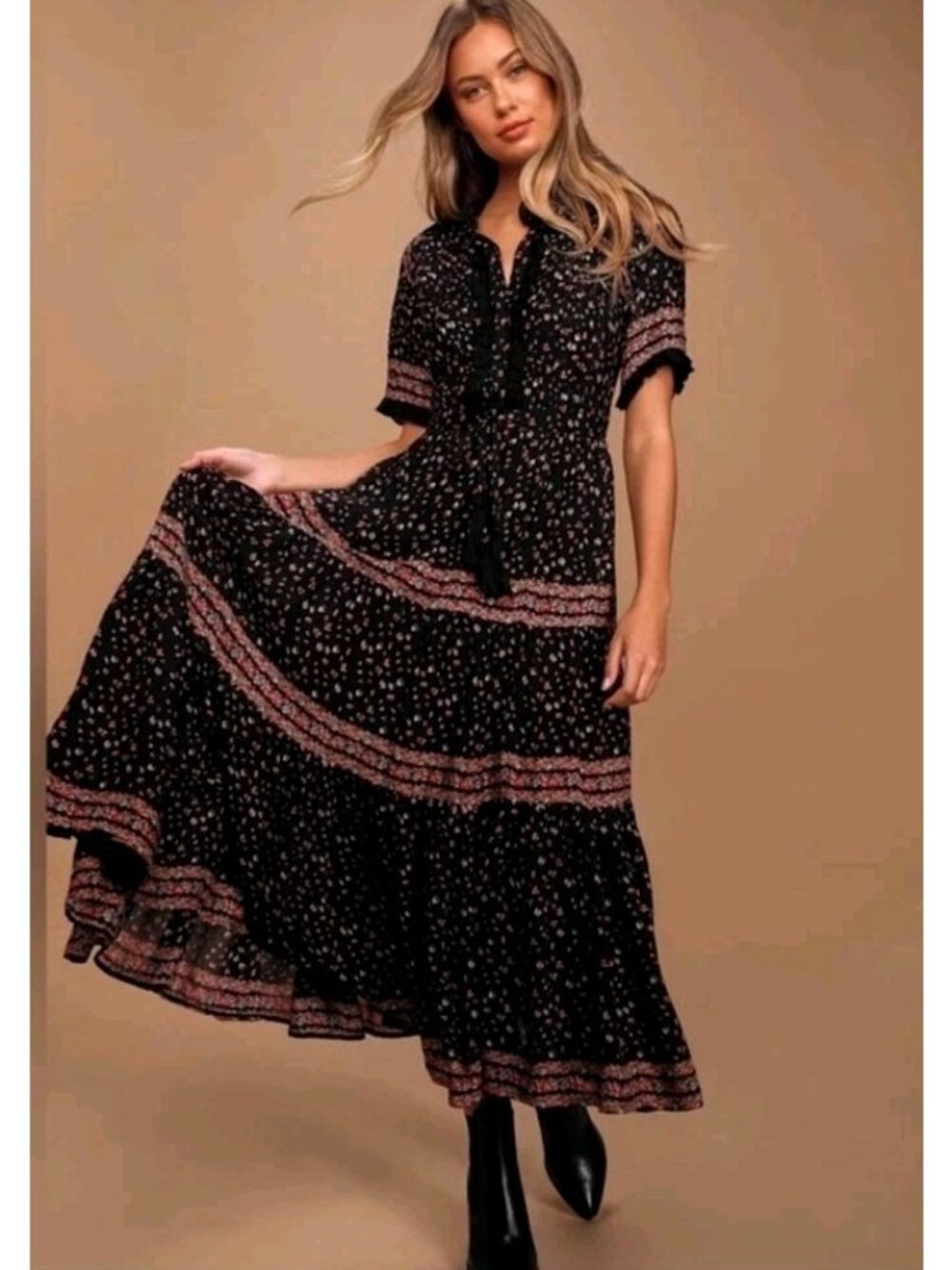 Free People Rare Feelings Maxi Dress Tie Waist Pleated Modest Sz M Trad Prairie